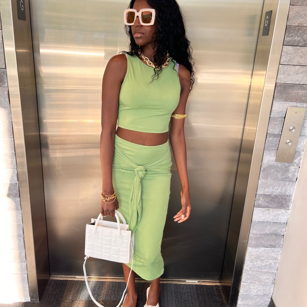 Olive Green Two-Piece Crop Top & Skirt Set